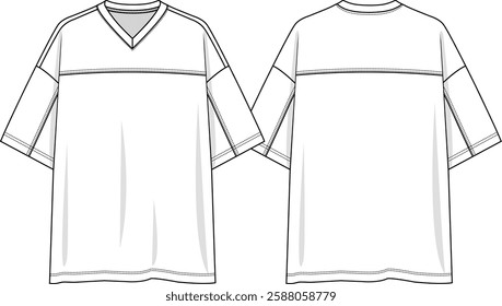 Men v neckline oversize t-shirt with yoke at front and back, sleeve inserts, double topstitching, sketch front and back, vectors