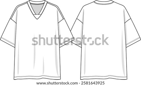 Men v neckline oversize t-shirt sketch with V insert at center front neckline, dropped shoulder, front and back sketch, vectors