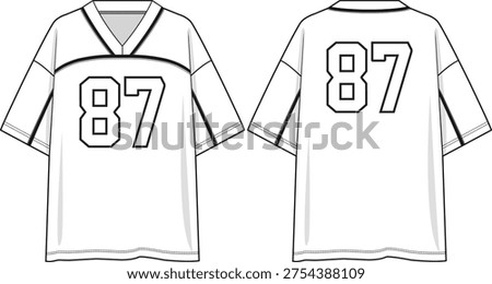 Men v neckline oversized jersey number 87 printed t-shirt with yoke at front, black contrast piping trimming at neckline, front yoke and sleeves, sketch front and back, vectors, casual, active, activewear, trend, newness
