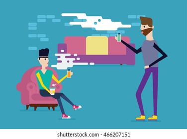 Men vapers characters in the loft room smoking electronic cigarettes and talking. Modern art, great vapers illustration, good colors. Vector, flat design. 