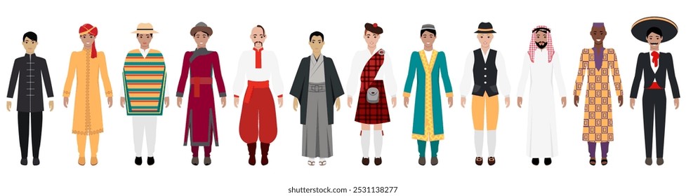 Men from various cultures in traditional attire showcasing cultural diversity. For global unity, tradition, cultural heritage, multiculturalism, cultural representation, diversity, inclusion.