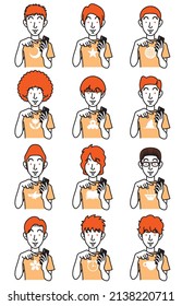 Men with various hairstyles point to their smartphones and say, "This is awesome!" Simple illustration of a scene that appeals to the viewer with a face