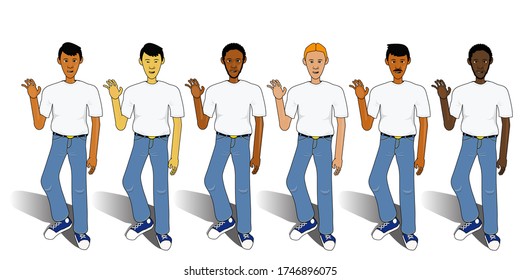 Men from various nations wearing T-shirts, jeans and sneakers