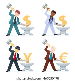 Men of various races make money by hammering currency signs on the anvil. White, Afro American and Asian blacksmiths in a business suits swings a sledge hammer to forge the gold dollar, euro and yen.