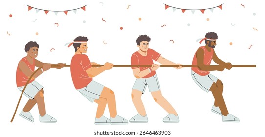 men various races tug of war competition. celebration of august 17th indonesian independence
