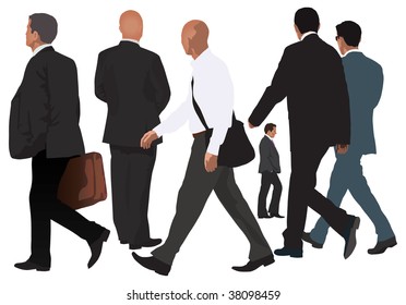 Men vector collection. One pair walking together and four single isolated people. Realistic color illustration. Business look.