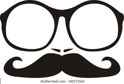 Men vector face with mustache and huge, hipster oldschool glasses. Black professor face silhouette isolated on white background.