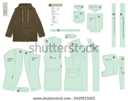 Men vector fashion sewing pattern for a military-style parka. Includes all allowances, featuring upper, lower flap pockets, shoulder straps, placket, hood. M65-inspired. Sizes XL - 2XL.