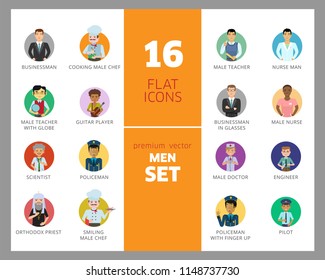 Men vector icon set. Teacher, businessman, scientist, engineer, pilot. Occupation concept. Can be used for topics like professional, vocation, uniform, character