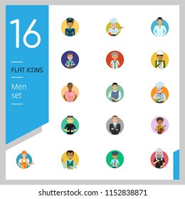 Men vector icon set. Teacher, businessman, scientist, engineer, pilot. Occupation concept. Can be used for topics like professional, vocation, uniform, character