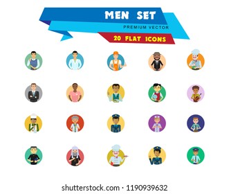 Men vector icon set. Teacher, businessman, scientist, engineer, pilot. Occupation concept. Can be used for topics like professional, vocation, uniform, character