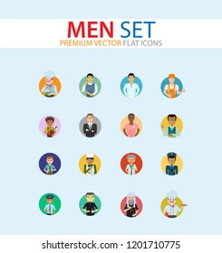 Men vector icon set. Teacher, businessman, scientist, engineer, pilot. Occupation concept. Can be used for topics like professional, vocation, uniform, character