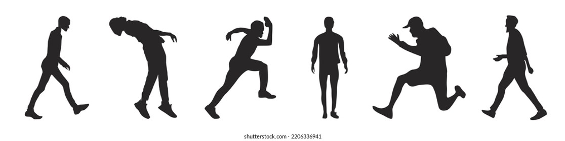 men vector silhouettes of standing, running, and walking people, black color isolated on white background