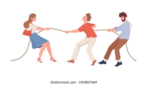 Men versus women vector flat illustration isolated on white background. Male and female characters pulling rope against each other. Tug of gender war competition. Battle of sexes or wage equality.