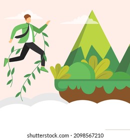 Men are very happy with the natural conditions that are very shady and green. Vector colorful illustration. All things green. Earth Day.