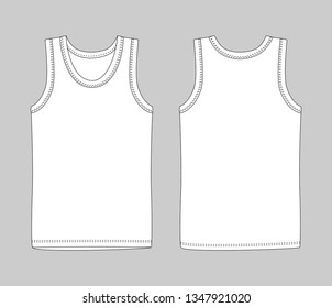 Men vest underwear. White tank top in front and back views. Isolated sleeveless male sport shirts or men top apparel. Blank templates of t-shirt. Casual style.