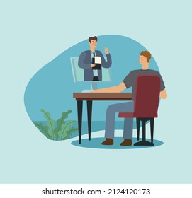hombres en videollamadas en escritorio