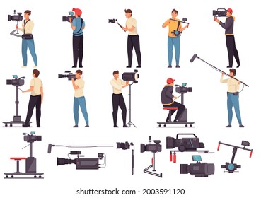 Men with video camera flat set of cinematography equipment and filmmakers engaged in movie filming isolated vector illustration
