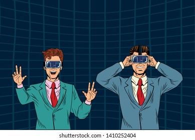 men with virtual reality headset avatar cartoon character men futuristic background vector illustration graphic design