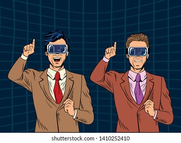 men with virtual reality headset avatar cartoon character men futuristic background vector illustration graphic design
