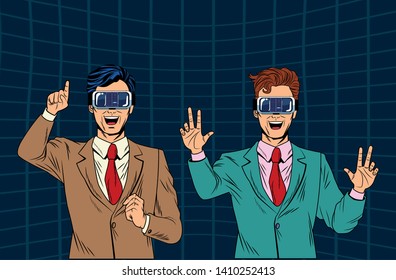 men with virtual reality headset avatar cartoon character men futuristic background vector illustration graphic design
