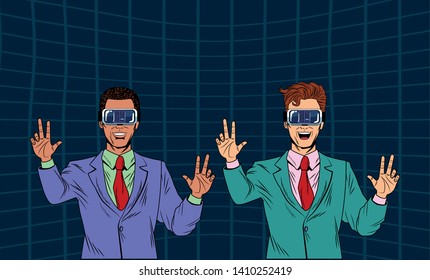 men with virtual reality headset avatar cartoon character men futuristic background vector illustration graphic design