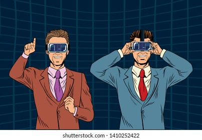 men with virtual reality headset avatar cartoon character men futuristic background vector illustration graphic design
