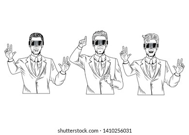 men with virtual reality headset avatar cartoon character black and white vector illustration graphic design