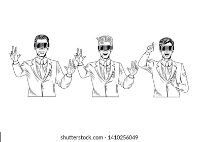 men with virtual reality headset avatar cartoon character black and white vector illustration graphic design