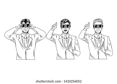 men with virtual reality headset avatar cartoon character black and white vector illustration graphic design