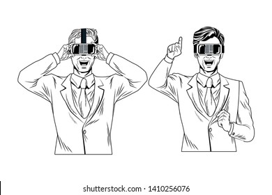 men with virtual reality headset avatar cartoon character black and white vector illustration graphic design