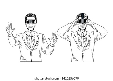 men with virtual reality headset avatar cartoon character black and white vector illustration graphic design