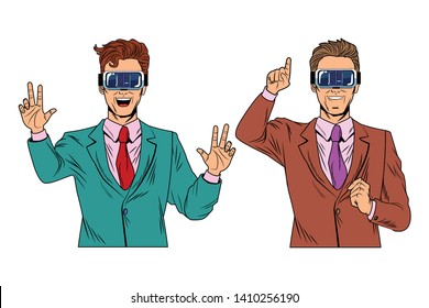 men with virtual reality headset avatar cartoon character vector illustration graphic design