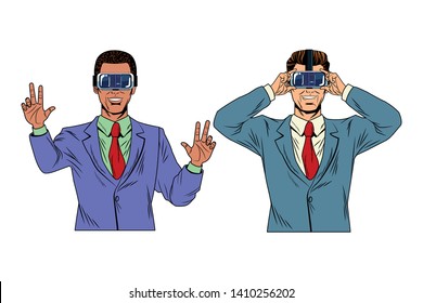 men with virtual reality headset avatar cartoon character vector illustration graphic design