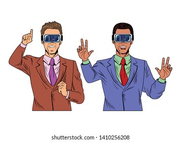 men with virtual reality headset avatar cartoon character vector illustration graphic design