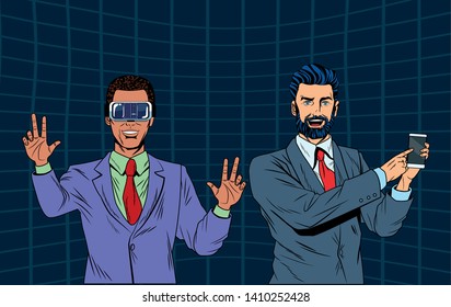 men with virtual reality headset and cellphone avatar cartoon character men futuristic background vector illustration graphic design