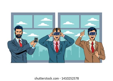 men with virtual reality headset and cellphone avatar cartoon character window background vector illustration graphic design