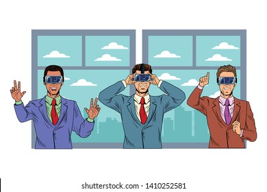 men with virtual reality headset and cellphone avatar cartoon character window background vector illustration graphic design