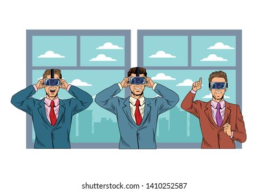 men with virtual reality headset and cellphone avatar cartoon character window background vector illustration graphic design