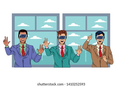 men with virtual reality headset and cellphone avatar cartoon character window background vector illustration graphic design