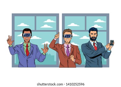 men with virtual reality headset and cellphone avatar cartoon character window background vector illustration graphic design