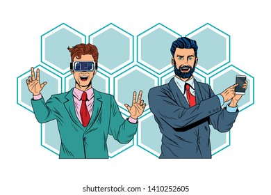 men with virtual reality headset and cellphone avatar cartoon character honeycomb pattern pop art background vector illustration graphic design