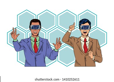 men with virtual reality headset and cellphone avatar cartoon character honeycomb pattern pop art background vector illustration graphic design