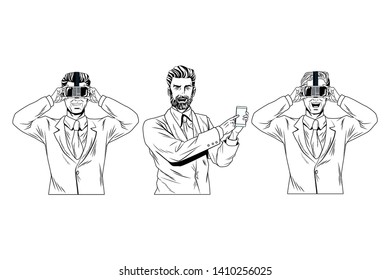 men with virtual reality headset and cellphone avatar cartoon character black and white vector illustration graphic design