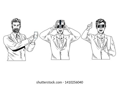 men with virtual reality headset and cellphone avatar cartoon character black and white vector illustration graphic design