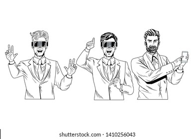 men with virtual reality headset and cellphone avatar cartoon character black and white vector illustration graphic design
