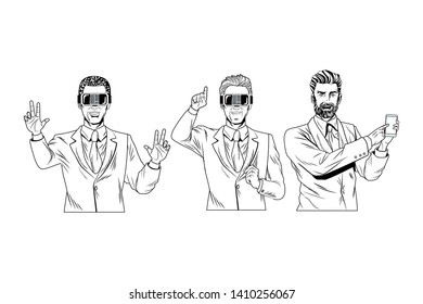men with virtual reality headset and cellphone avatar cartoon character black and white vector illustration graphic design