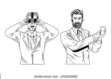 men with virtual reality headset and cellphone avatar cartoon character black and white vector illustration graphic design