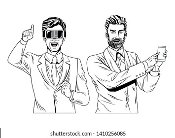 men with virtual reality headset and cellphone avatar cartoon character black and white vector illustration graphic design