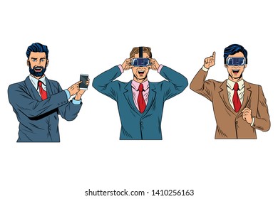 men with virtual reality headset and cellphone avatar cartoon character vector illustration graphic design